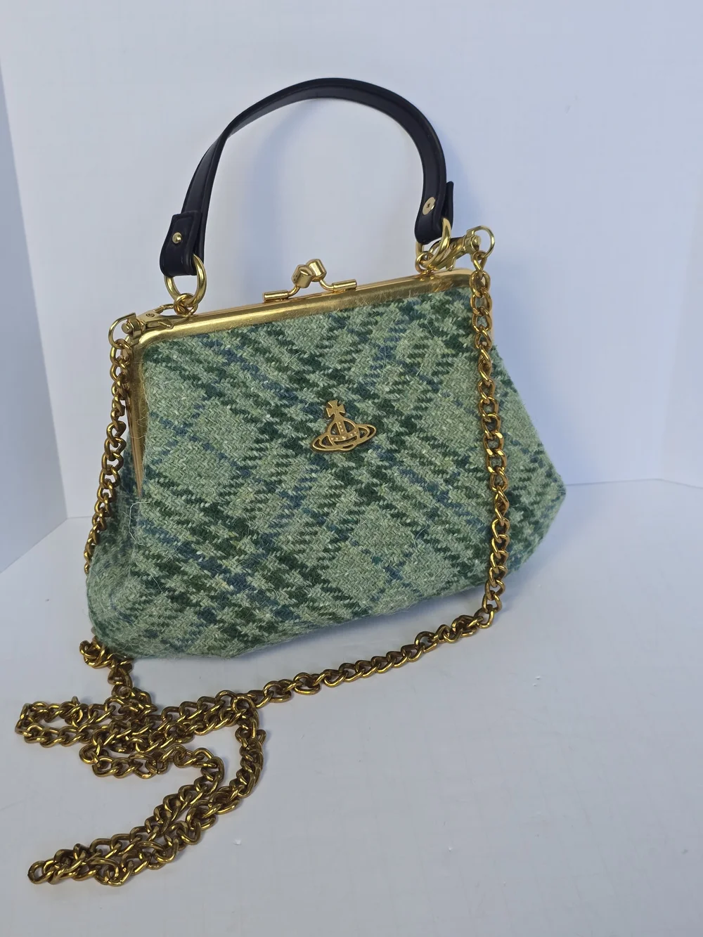 Vivienne Westwood Elena Green Plaid Granny Frame Kisslock Harris Tweed Wool Bag - Picture 11 of 14